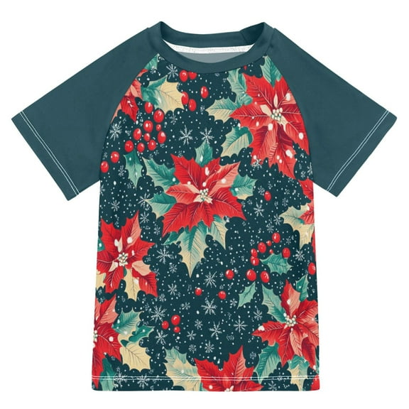 FORMRS Boys Rash Guard with Short Sleeves UPF 50  Swim Shirts Sizes 3-12T, Christmas Themed Leaves