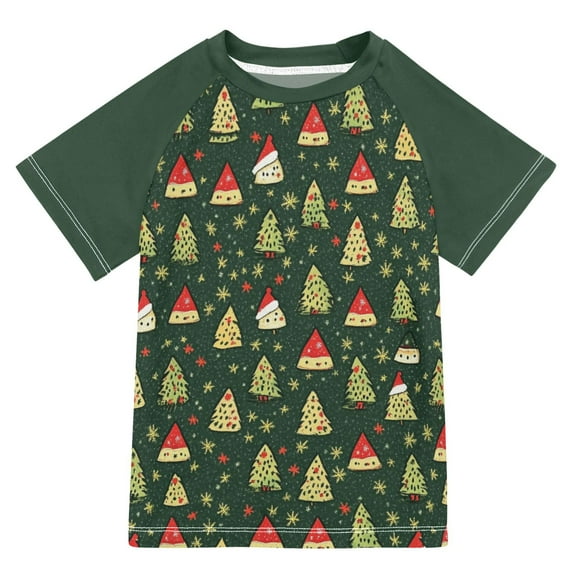 FORMRS Boys Rash Guard Short Sleeves Swim Shirt Quick Dry UPF 50+ Sun Protection, Sizes 3-12T, Christmas Tree