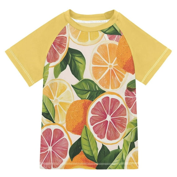 FORMRS Boys Rash Guard with Short Sleeves UPF 50+ Swim Shirts Sizes 3-12T, Citrus Leaves