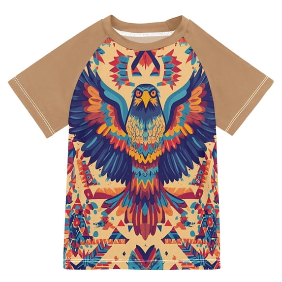 FORMRS Boys Rash Guard Short Sleeves Swim Shirt Quick Dry UPF 50+ Sun Protection, Sizes 3-12T, Colorful Abstract Eagle