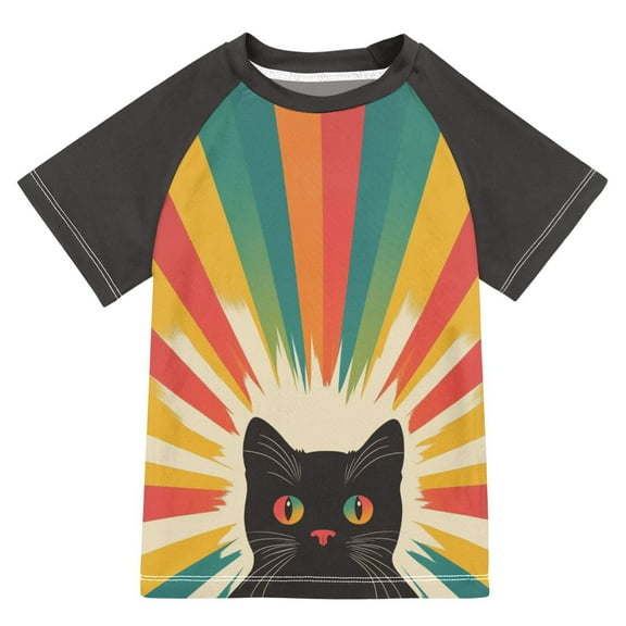FORMRS Boys Rash Guard with Short Sleeves UPF 50 Swim Shirts Sizes 3-12T, Colorful Black Cat