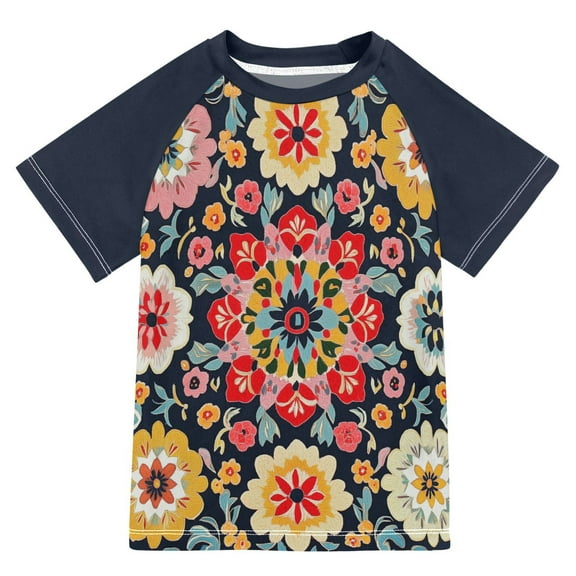 FORMRS Boys Rash Guard with Short Sleeves UPF 50 Swim Shirts Sizes 3-12T, Colorful Floral Pattern