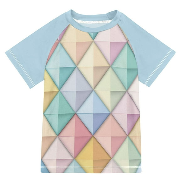 FORMRS Boys Rash Guard with Short Sleeves UPF 50 Swim Shirts Sizes 3-12T, Colorful Geometric