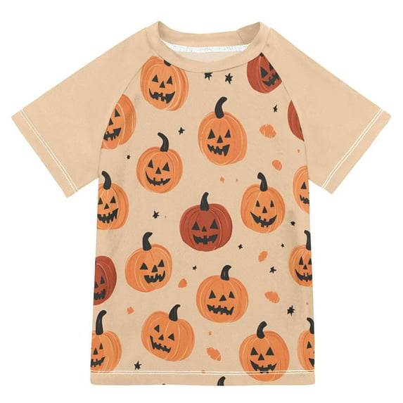 FORMRS Boys Rash Guard with Short Sleeves UPF 50+ Swim Shirts Sizes 3-12T, Colorful Halloween Pumpkin Pattern