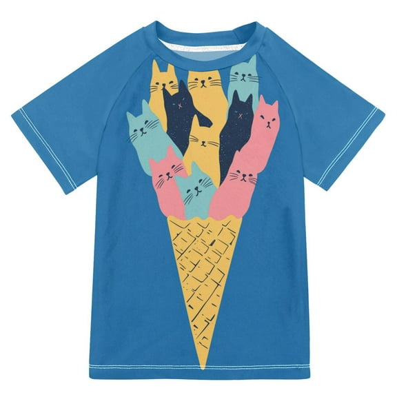 FORMRS Boys Rash Guard with Short Sleeves UPF 50+ Swim Shirts Sizes 3-12T, Colorful Ice Cream Cat