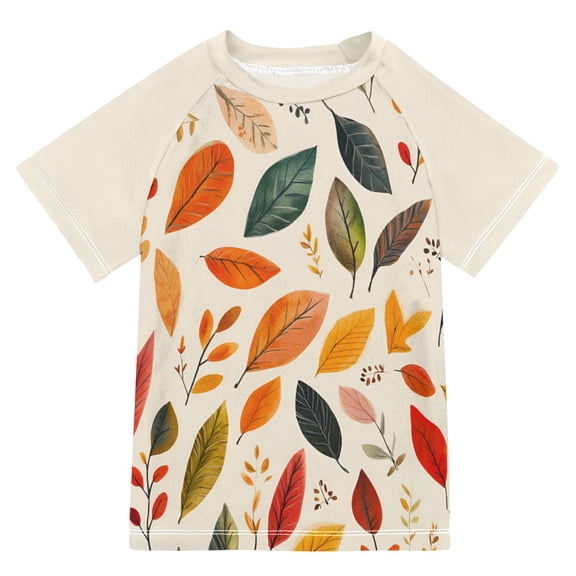 FORMRS Boys Rash Guard with Short Sleeves UPF 50  Swim Shirts Sizes 3-12T, Colorful Leaves