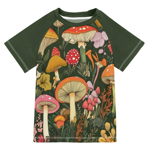 FORMRS Boys Rash Guard with Short Sleeves UPF 50+ Swim Shirts Sizes 3-12T, Colorful Mushroom