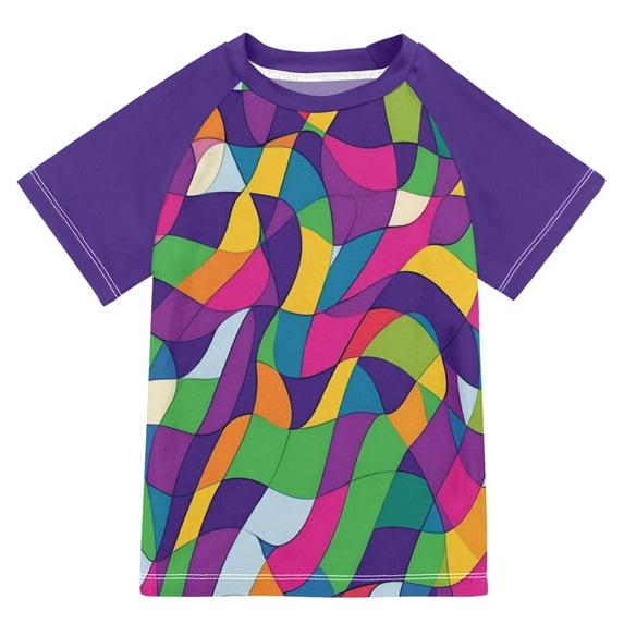 FORMRS Boys Rash Guard with Short Sleeves UPF 50+ Swim Shirts Sizes 3-12T, Colorful Plaid