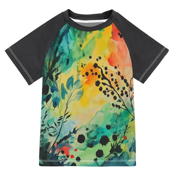 FORMRS Boys Rash Guard with Short Sleeves UPF 50+ Swim Shirts Sizes 3-12T, Colorful Plants