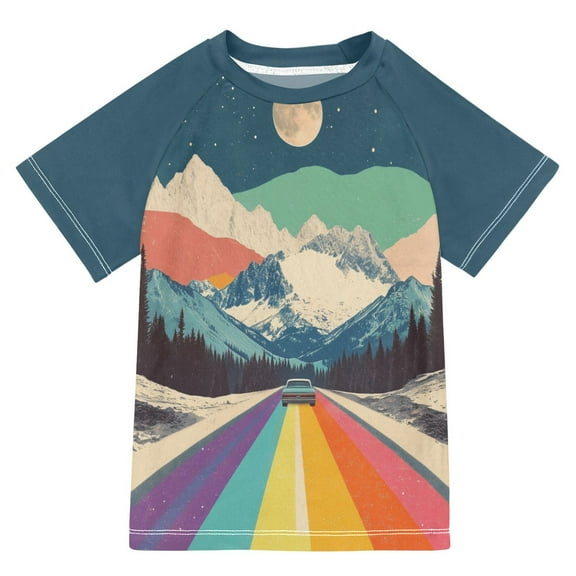 FORMRS Boys Rash Guard with Short Sleeves UPF 50  Swim Shirts Sizes 3-12T, Colorful Road at Night