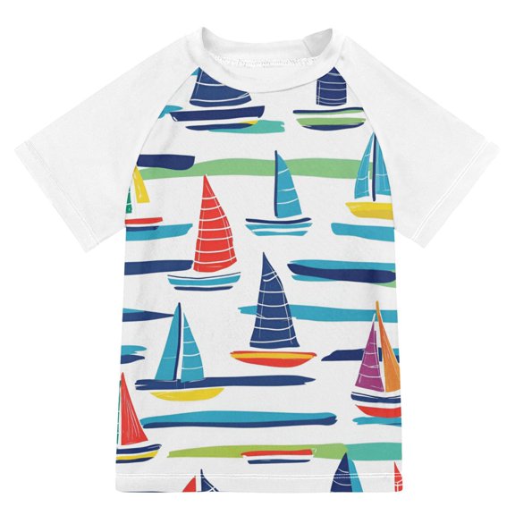 FORMRS Boys Rash Guard with Short Sleeves UPF 50 Swim Shirts Sizes 3-12T, Colorful Sailboats