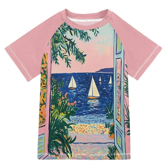 FORMRS Boys Rash Guard with Short Sleeves UPF 50+ Swim Shirts Sizes 3-12T, Colorful Seaside