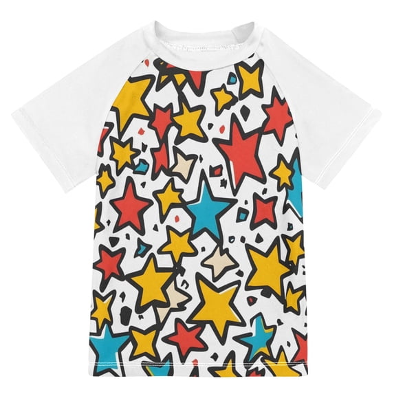 FORMRS Boys Rash Guard Short Sleeves Swim Shirt Quick Dry UPF 50+ Sun Protection, Sizes 3-12T, Colorful Stars