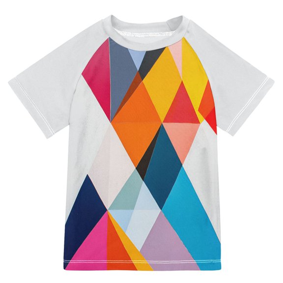 FORMRS Boys Rash Guard with Short Sleeves UPF 50 Swim Shirts Sizes 3-12T, Colorful Triangles