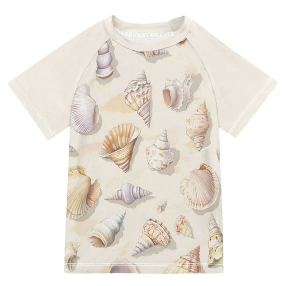 FORMRS Boys Rash Guard with Short Sleeves UPF 50+ Swim Shirts Sizes 3-12T, Colorful Watercolor Seashells