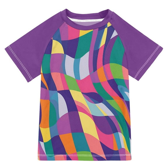FORMRS Boys Rash Guard with Short Sleeves UPF 50+ Swim Shirts Sizes 3-12T, Colorful Wavy Pattern