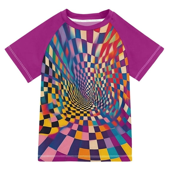 FORMRS Boys Rash Guard with Short Sleeves UPF 50+ Swim Shirts Sizes 3-12T, Colorful Wavy Plaid