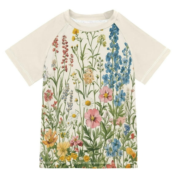 FORMRS Boys Rash Guard with Short Sleeves UPF 50+ Swim Shirts Sizes 3-12T, Colorful Wildflowers
