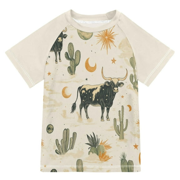 FORMRS Boys Rash Guard with Short Sleeves UPF 50  Swim Shirts Sizes 3-12T, Cowboy Pattern