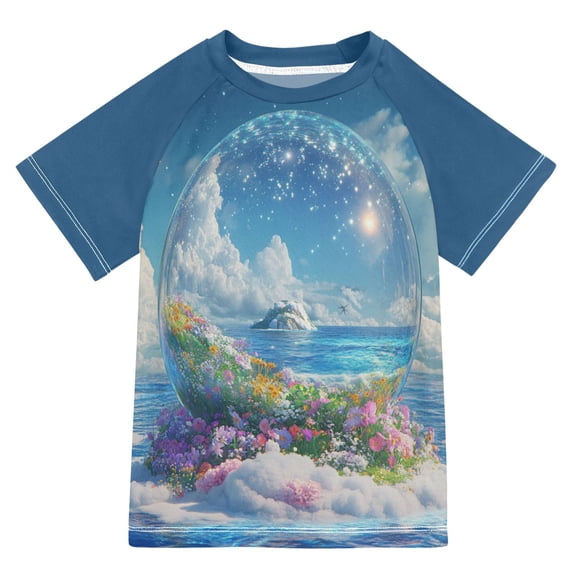 FORMRS Boys Rash Guard Short Sleeves Swim Shirt Quick Dry UPF 50+ Sun Protection, Sizes 3-12T, Crystal Ocean