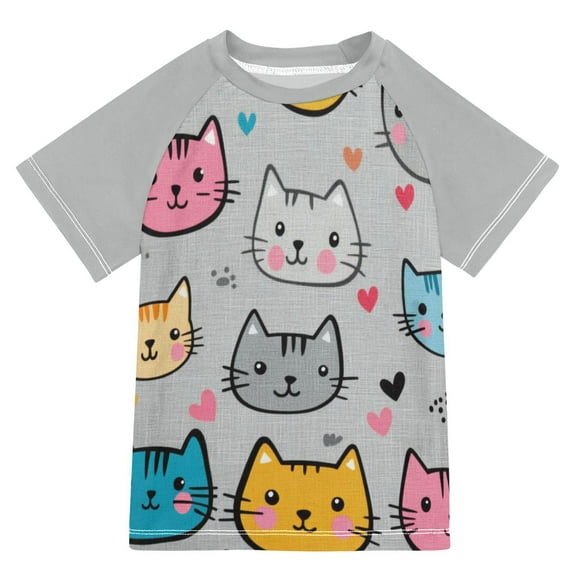 FORMRS Boys Rash Guard with Short Sleeves UPF 50  Swim Shirts Sizes 3-12T, Cute Cat Pattern