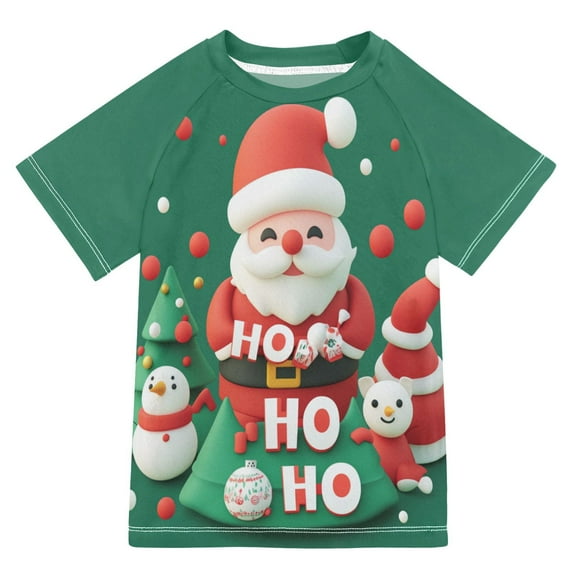 FORMRS Boys Rash Guard with Short Sleeves UPF 50+ Swim Shirts Sizes 3-12T, Cute Christmas Pattern