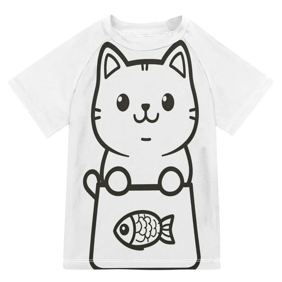 FORMRS Boys Rash Guard Short Sleeves Swim Shirt Quick Dry UPF 50+ Sun Protection, Sizes 3-12T, Cute Chubby Cat