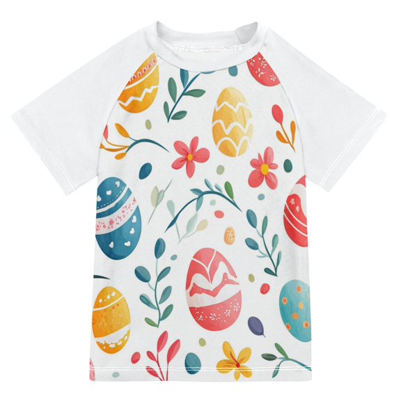 FORMRS Boys Rash Guard Short Sleeves Swim Shirt Quick Dry UPF 50+ Sun Protection, Sizes 3-12T, Cute Easter Eggs