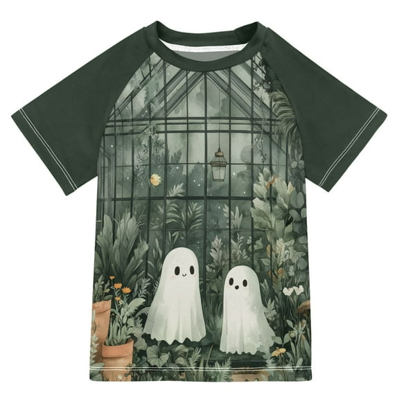 FORMRS Boys Rash Guard with Short Sleeves UPF 50  Swim Shirts Sizes 3-12T, Cute Ghosts Playing