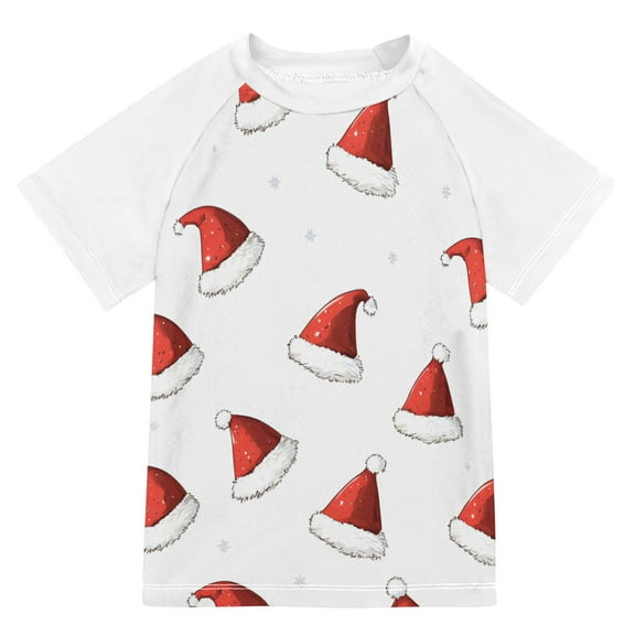 FORMRS Boys Rash Guard with Short Sleeves UPF 50  Swim Shirts Sizes 3-12T, Cute Santa Hats Pattern