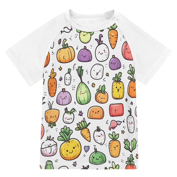 FORMRS Boys Rash Guard Short Sleeves Swim Shirt Quick Dry UPF 50+ Sun Protection, Sizes 3-12T, Cute Vegetables