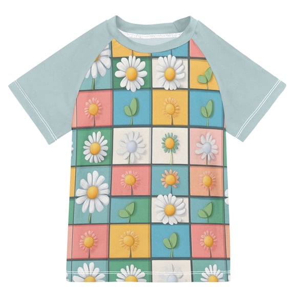 FORMRS Boys Rash Guard with Short Sleeves UPF 50  Swim Shirts Sizes 3-12T, Daisy Mosaic