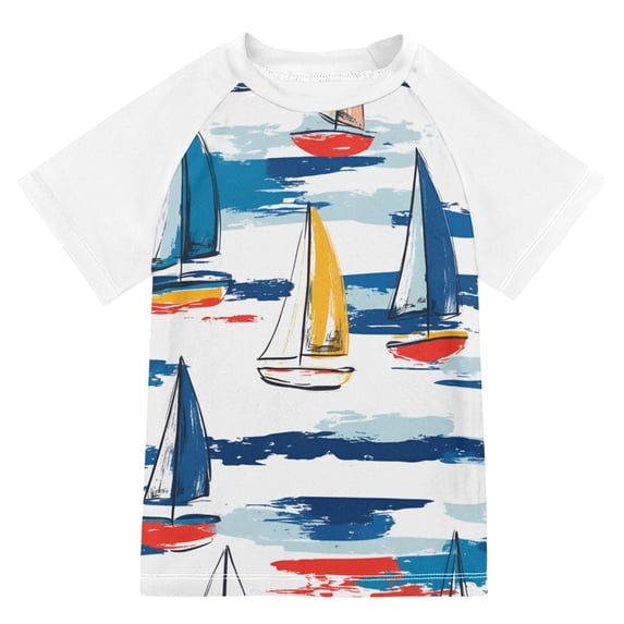 FORMRS Boys Rash Guard Short Sleeves Swim Shirt Quick Dry UPF 50+ Sun Protection, Sizes 3-12T, Dark Blue Hand Drawn Sailboats