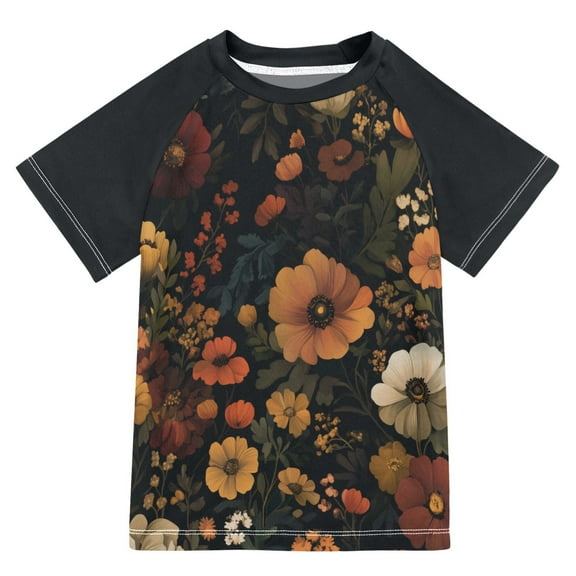 FORMRS Boys Rash Guard with Short Sleeves UPF 50  Swim Shirts Sizes 3-12T, Dark Floral Pattern