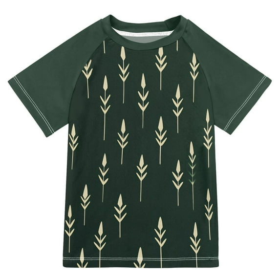FORMRS Boys Rash Guard with Short Sleeves UPF 50+ Swim Shirts Sizes 3-12T, Dark Green Plants