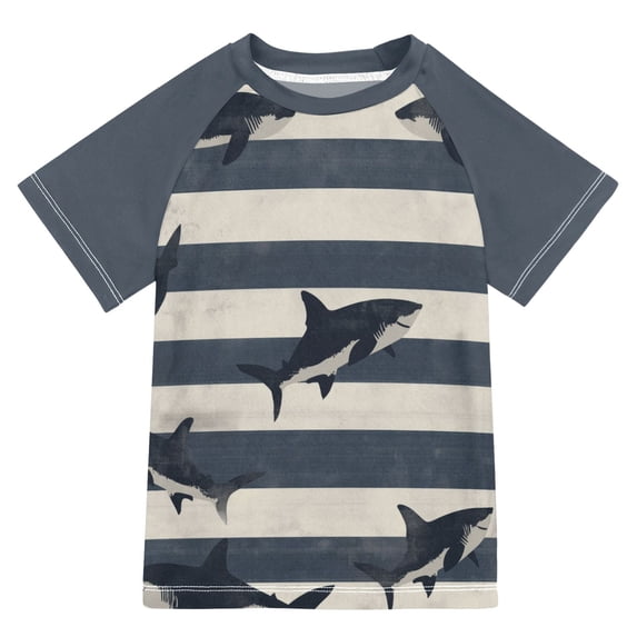 FORMRS Boys Rash Guard Short Sleeves Swim Shirt Quick Dry UPF 50+ Sun Protection, Sizes 3-12T, Dark Sharks