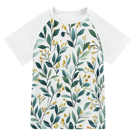FORMRS Boys Rash Guard with Short Sleeves UPF 50  Swim Shirts Sizes 3-12T, Darker Leafy Pattern