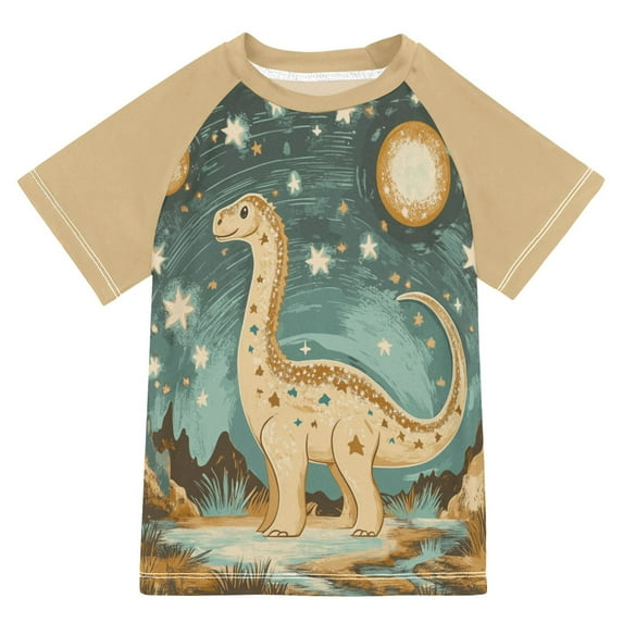 FORMRS Boys Rash Guard with Short Sleeves UPF 50+ Swim Shirts Sizes 3-12T, Dinosaur with Stars