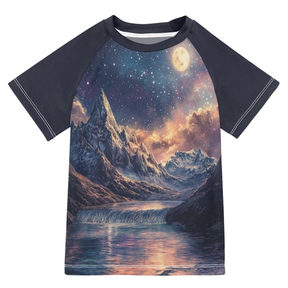 FORMRS Boys Rash Guard with Short Sleeves UPF 50  Swim Shirts Sizes 3-12T, Ethereal Mountain