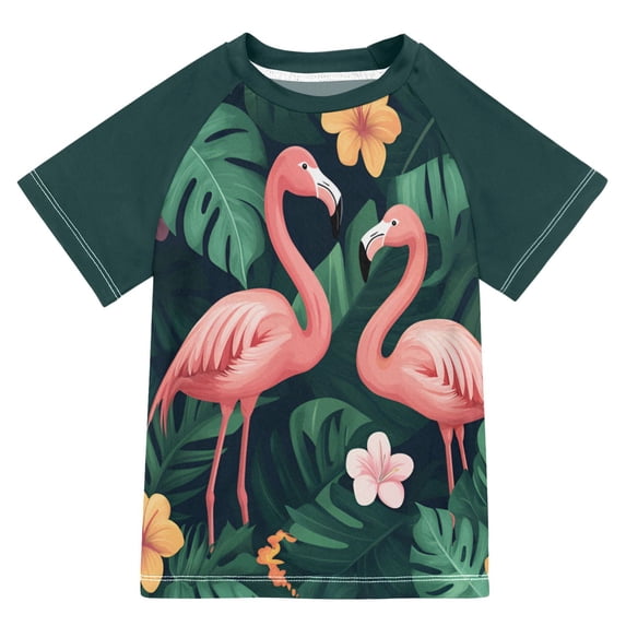 FORMRS Boys Rash Guard Short Sleeves Swim Shirt Quick Dry UPF 50+ Sun Protection, Sizes 3-12T, Flamingo Leaves Pattern