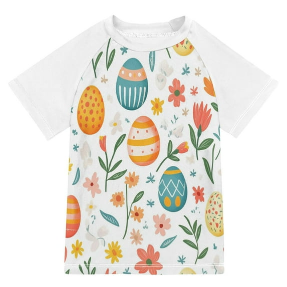 FORMRS Boys Rash Guard with Short Sleeves UPF 50+ Swim Shirts Sizes 3-12T, Floral Easter Eggs