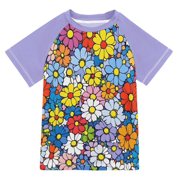FORMRS Boys Rash Guard Short Sleeves Swim Shirt Quick Dry UPF 50+ Sun Protection, Sizes 3-12T, Floral Fiesta
