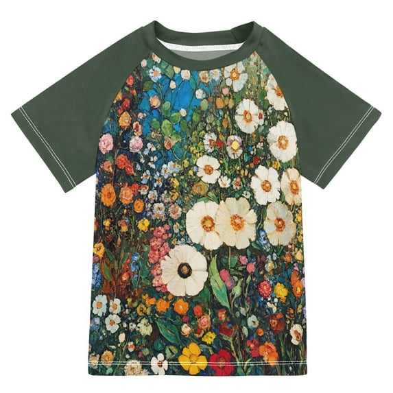 FORMRS Boys Rash Guard Short Sleeves Swim Shirt Quick Dry UPF 50+ Sun Protection, Sizes 3-12T, Floral Garden