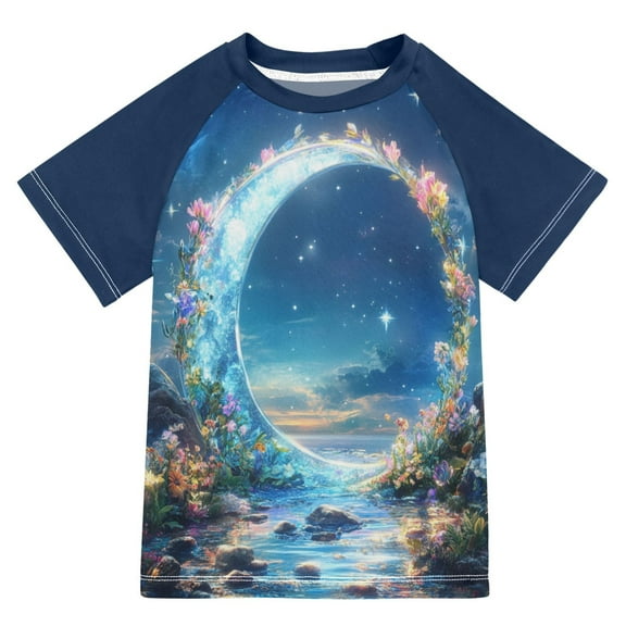 FORMRS Boys Rash Guard with Short Sleeves UPF 50 Swim Shirts Sizes 3-12T, Floral Moon