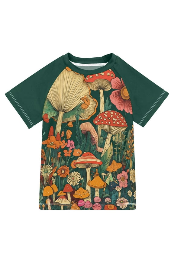 Boys Rash Guard with Short Sleeves UPF 50+ Swim Shirts Sizes 3-12T, Floral Mushroom