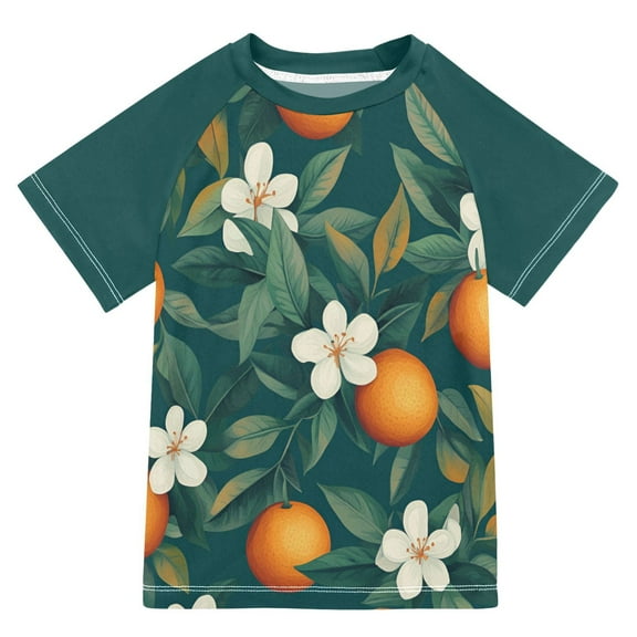 FORMRS Boys Rash Guard with Short Sleeves UPF 50  Swim Shirts Sizes 3-12T, Floral Orange Pattern