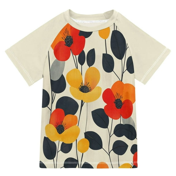 FORMRS Boys Rash Guard with Short Sleeves UPF 50+ Swim Shirts Sizes 3-12T, Floral Pattern