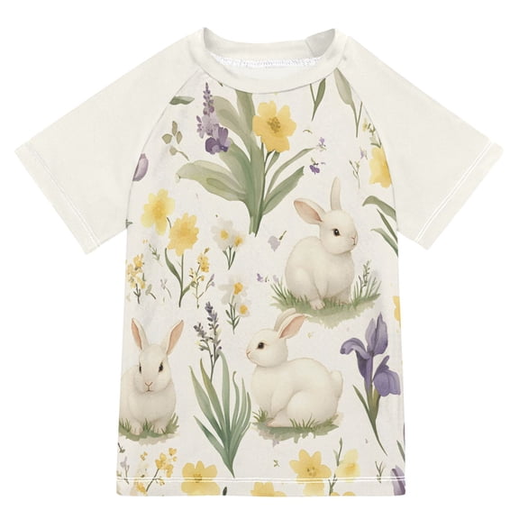 FORMRS Boys Rash Guard with Short Sleeves UPF 50 Swim Shirts Sizes 3-12T, Floral Rabbit