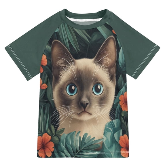 FORMRS Boys Rash Guard Short Sleeves Swim Shirt Quick Dry UPF 50+ Sun Protection, Sizes 3-12T, Flowers and Cat