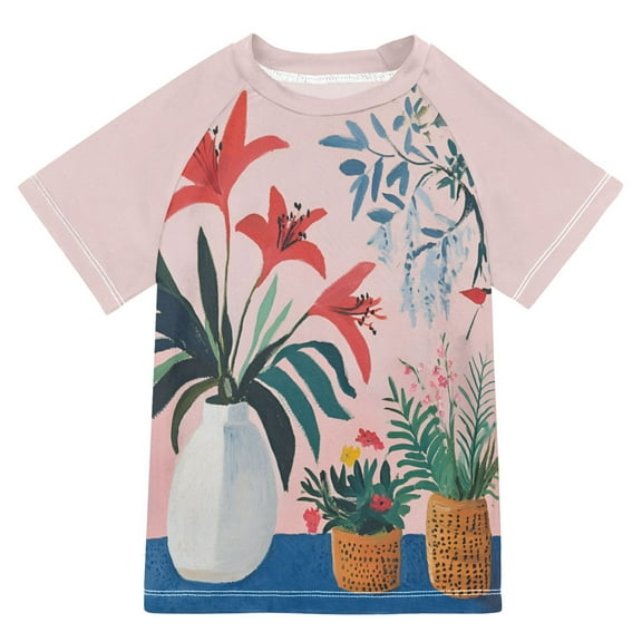 FORMRS Boys Rash Guard with Short Sleeves UPF 50  Swim Shirts Sizes 3-12T, Flowers and Leaves